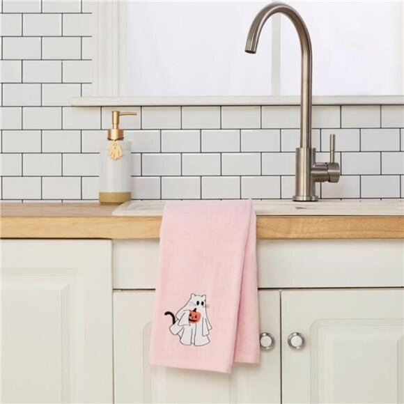Cotton hand towel set 2 piece Halloween ghost cat decorative kitchen bath gift p - Picture 4 of 7